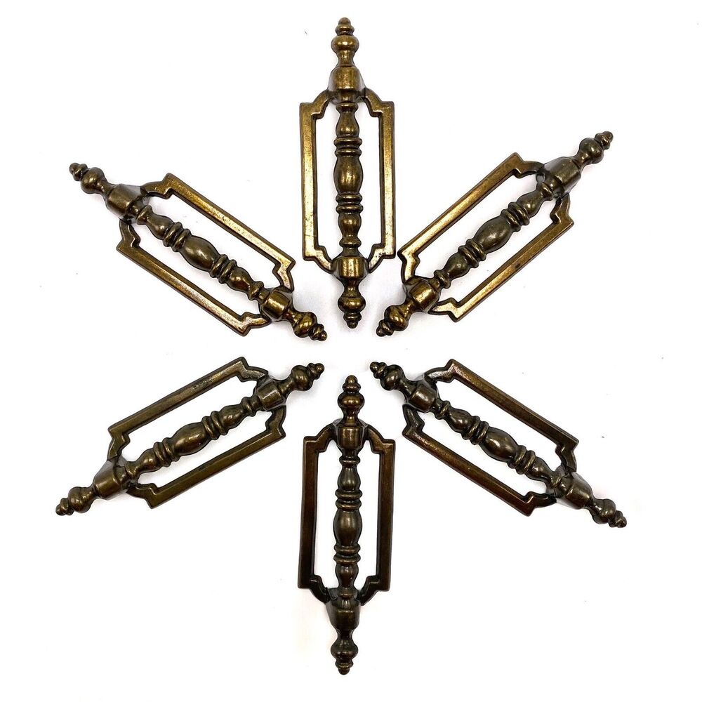 Set of 6 Vintage Antiqued Brass Bar Frame Handle Cabinet Door Drawer Pull